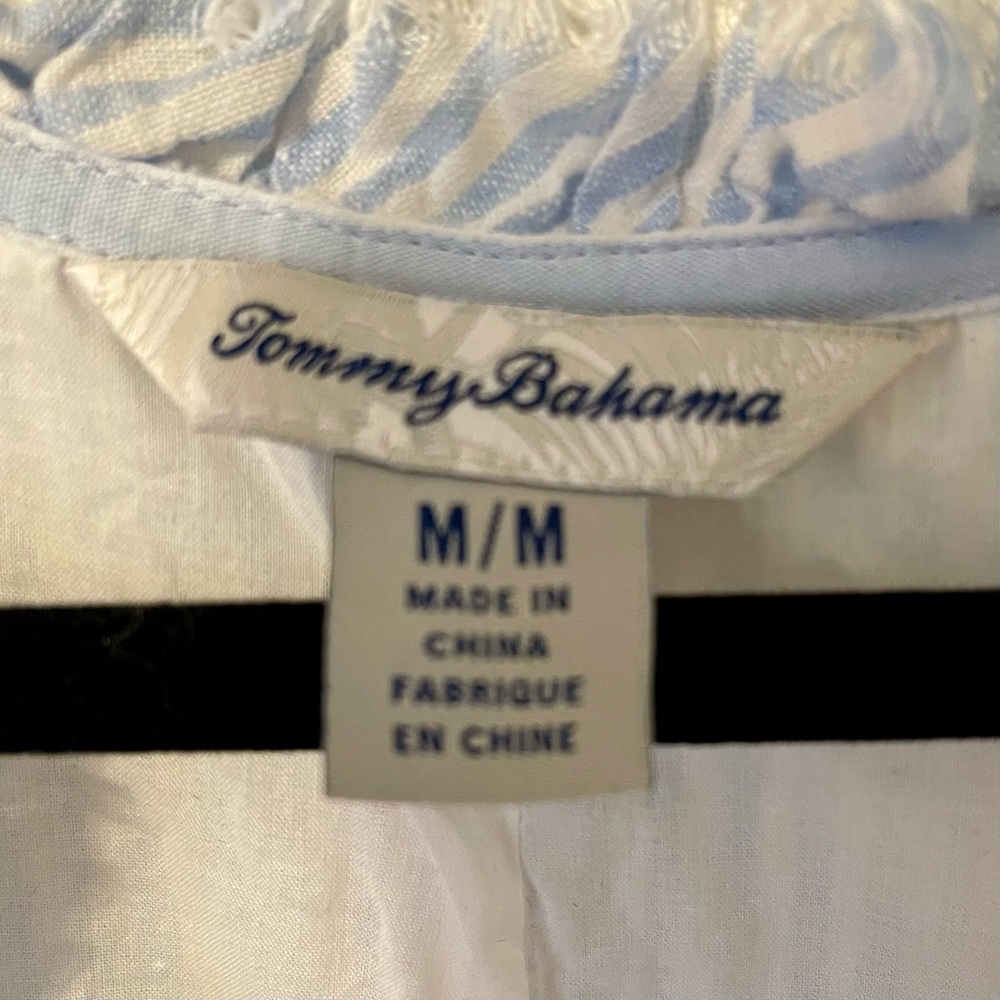 🤍💙 NWOT Tommy Bahama 2 Palms Mini Cabana Stripe Ruffle Linen Dress – Size M - Picture 3 of 9